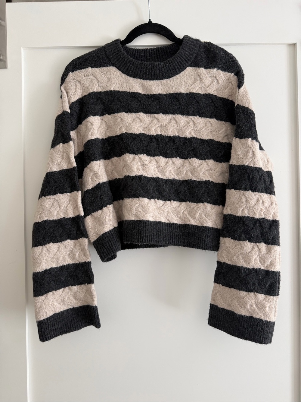 wild fable Black and Cream Striped Cable-Knit Crewneck Sweater